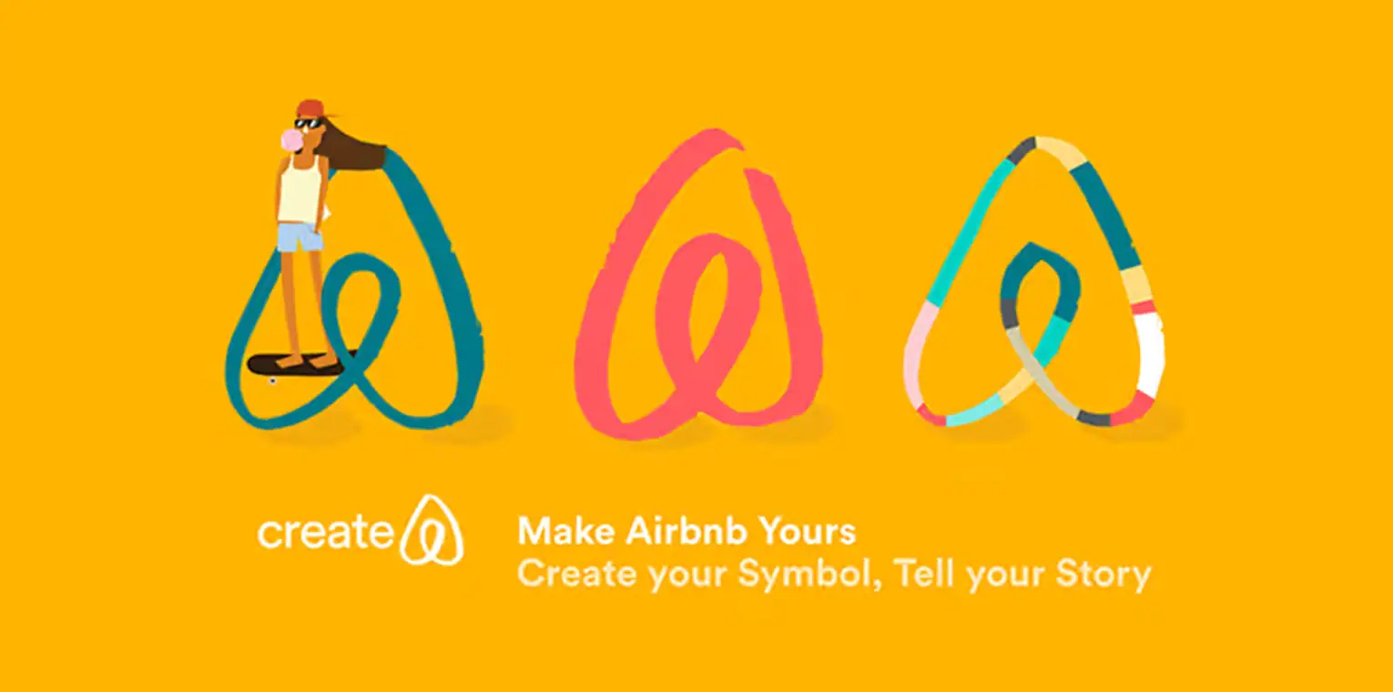 Campania „Create Bélo" Airbnb — utilizatorii sunt invitați să creeze propriile versiuni ale simbolului, demonstrând flexibilitatea identității vizuale