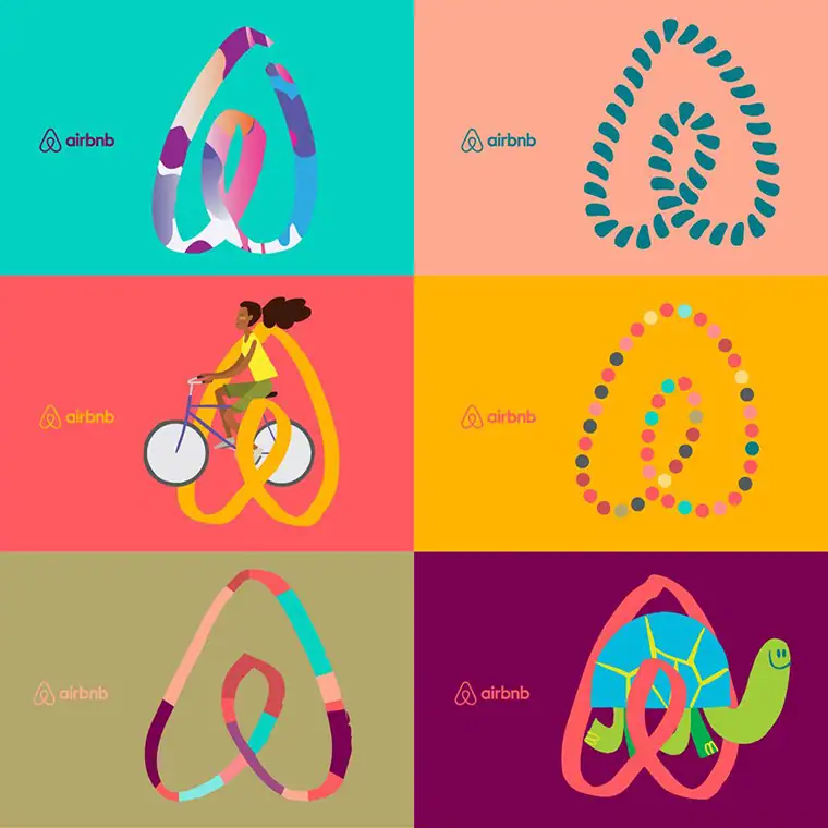 Variante ilustrate ale simbolului Bélo Airbnb — exemplu de sistem vizual flexibil construit în jurul unui simbol central