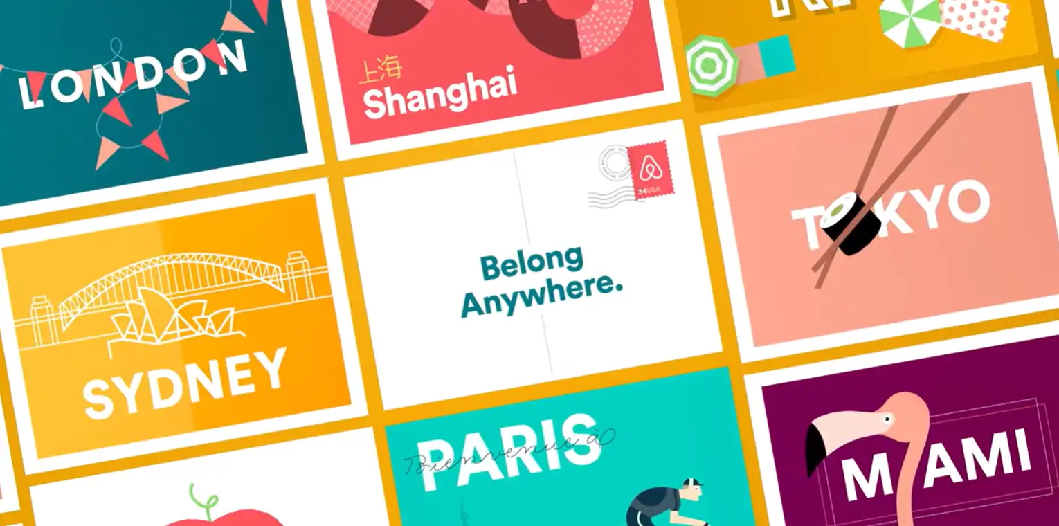 Carduri ilustrate Airbnb pentru orașe globale — sistem vizual coerent aplicat pe materiale de comunicare cu mesajul „Belong Anywhere"